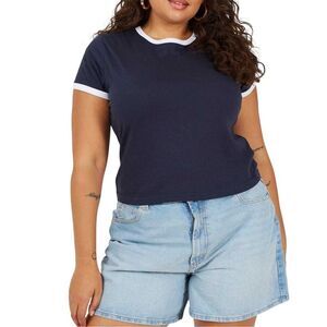 Brave Soul Womens/Ladies Ringer Crew Neck Plus T-Shirt / Navy/White